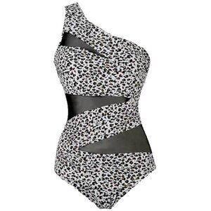 NEW- Runtlly White Leopard One Piece One Shoulder Swimsuit- Women's XL